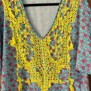 EUC Oversized Floral Boho Dress Swim Coverup  Yellow Pink Blue Accents Size M
